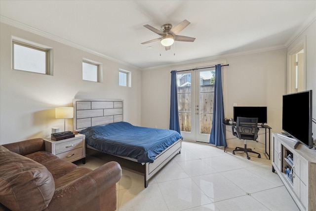 bedroom featuring light tile patterned floors, access to outside, ornamental molding, and ceiling fan