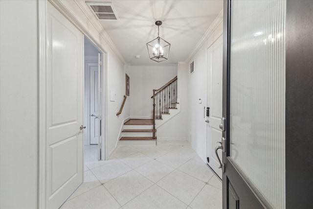 foyer entrance featuring light tile patterned floors, visible vents, stairs, ornamental molding, and an inviting chandelier