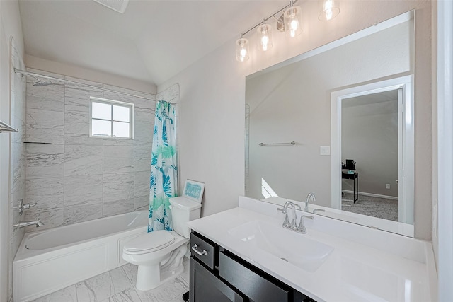 full bathroom with marble finish floor, toilet, shower / tub combo, vaulted ceiling, and vanity