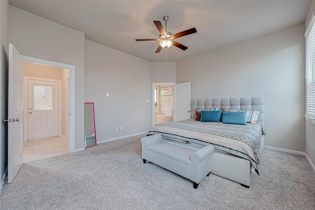 bedroom featuring carpet flooring, a ceiling fan, and baseboards