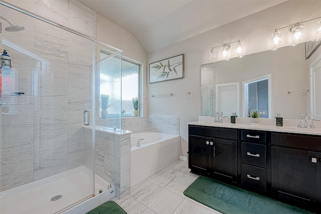 bathroom featuring marble finish floor, double vanity, a sink, a shower stall, and a bath