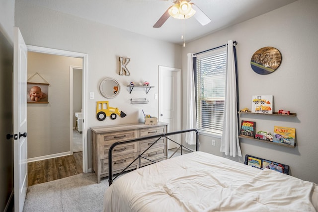 bedroom featuring ceiling fan and carpet floors