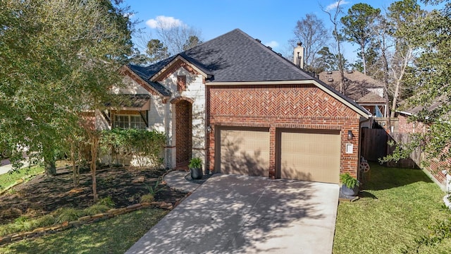 view of front of property featuring brick siding, a shingled roof, stone siding, concrete driveway, and a front lawn