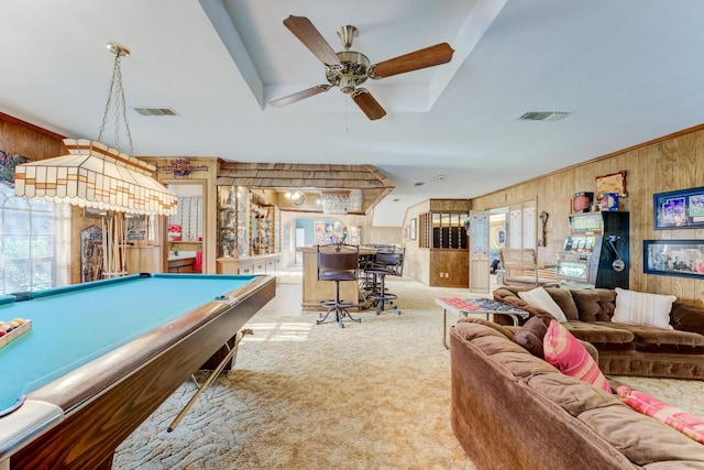 recreation room with carpet floors, wood walls, visible vents, and pool table