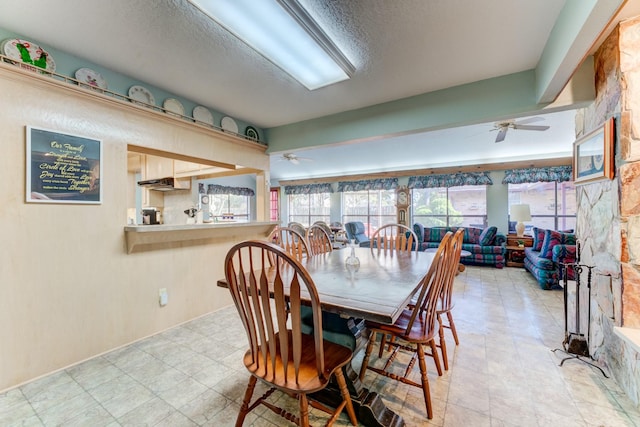 dining room with a ceiling fan and a textured ceiling