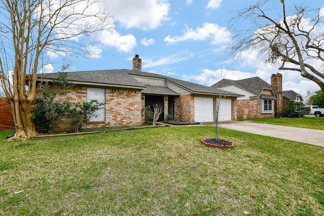 view of front of property featuring a garage, brick siding, a front lawn, and a chimney