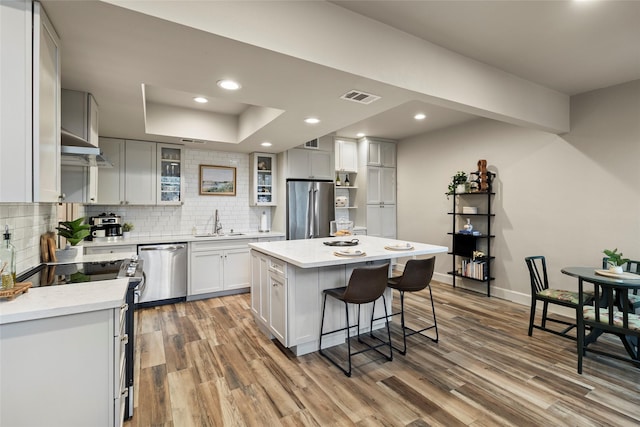 kitchen with wood finished floors, visible vents, appliances with stainless steel finishes, decorative backsplash, and a tray ceiling