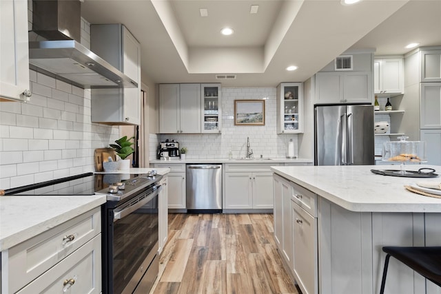 kitchen featuring a raised ceiling, wall chimney exhaust hood, stainless steel appliances, light wood-type flooring, and a sink