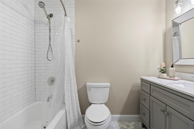 full bathroom featuring toilet, shower / tub combo, baseboards, and vanity