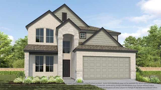 view of front of home featuring brick siding, a shingled roof, concrete driveway, an attached garage, and stone siding