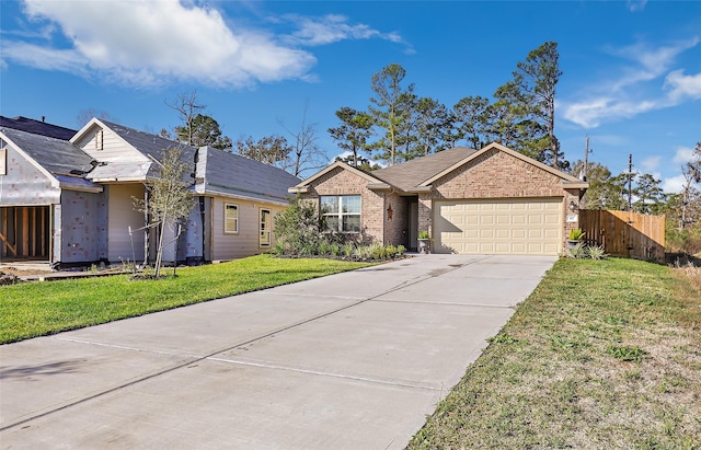 single story home featuring brick siding, fence, a garage, driveway, and a front lawn