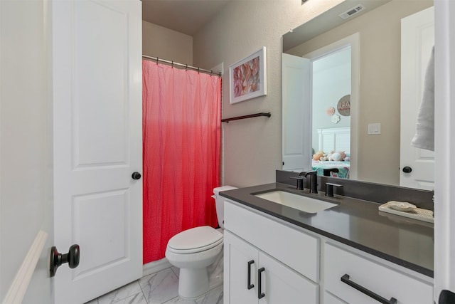 bathroom with visible vents, toilet, marble finish floor, curtained shower, and vanity