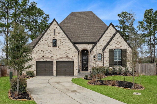 french provincial home featuring a front yard, fence, a shingled roof, concrete driveway, and brick siding