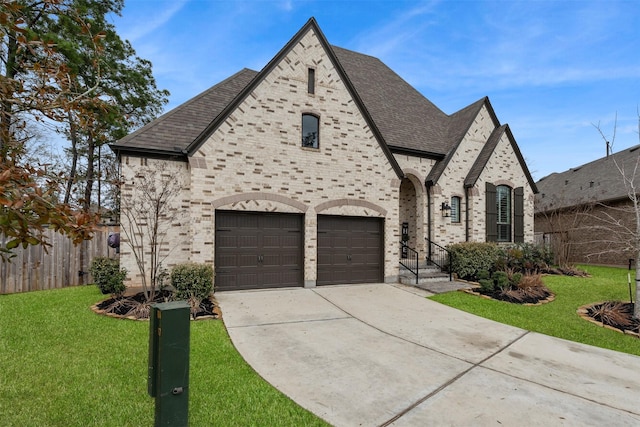 french country home with brick siding, a shingled roof, concrete driveway, fence, and a front lawn