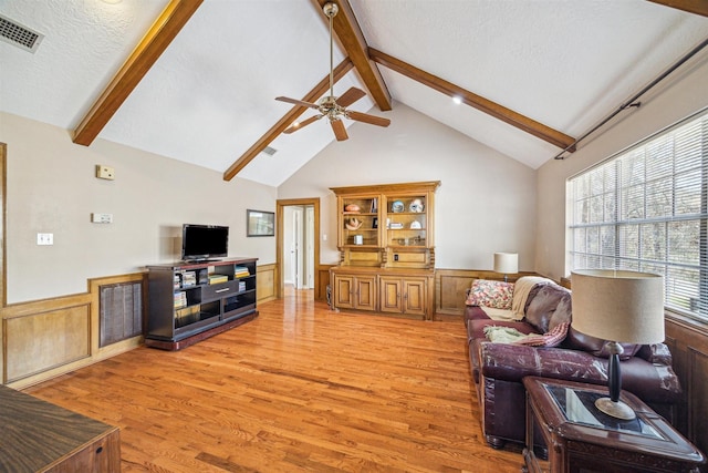 living area with wainscoting, visible vents, and beamed ceiling