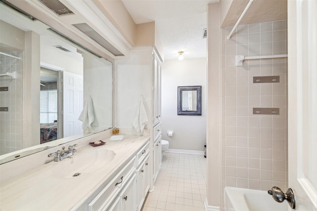 full bathroom with visible vents, baseboards, toilet, tile patterned floors, and vanity