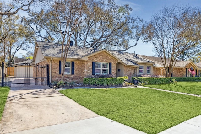 single story home featuring a gate, a shingled roof, concrete driveway, a front lawn, and brick siding