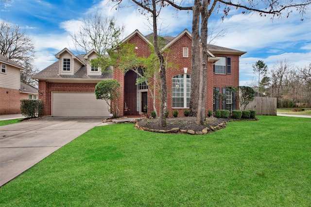 traditional-style home featuring brick siding, fence, driveway, roof with shingles, and a front lawn