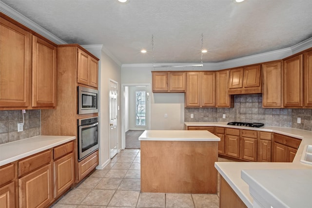 kitchen with light tile patterned floors, stainless steel appliances, decorative backsplash, and brown cabinets