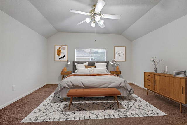 carpeted bedroom with lofted ceiling, baseboards, and a ceiling fan