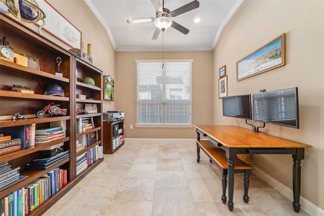 home office featuring a ceiling fan, baseboards, and crown molding