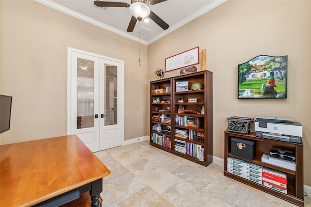 office with a ceiling fan, baseboards, crown molding, and french doors