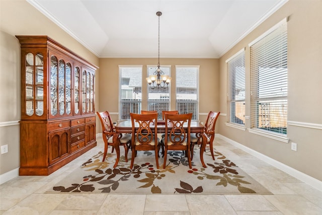 dining space with an inviting chandelier, baseboards, vaulted ceiling, and ornamental molding