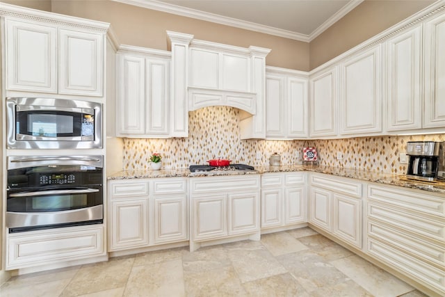 kitchen featuring crown molding, light stone counters, stainless steel appliances, and backsplash