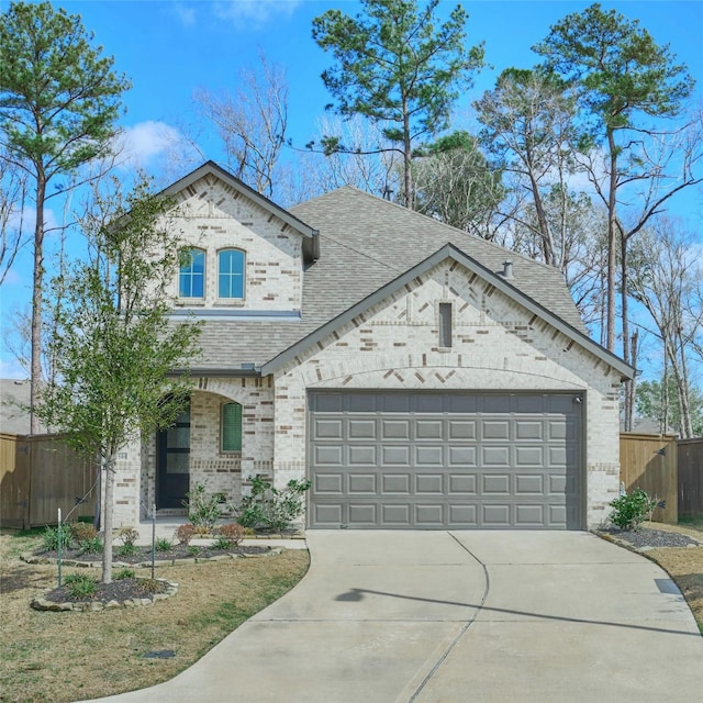 view of front of home featuring an attached garage, brick siding, a shingled roof, fence, and driveway