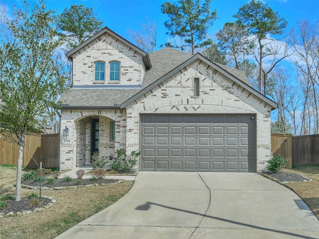 view of front of home featuring driveway, roof with shingles, fence, and brick siding