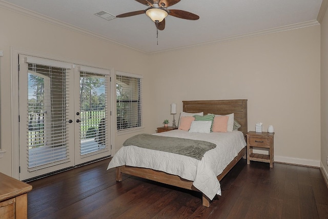 bedroom with access to exterior, crown molding, visible vents, and wood finished floors