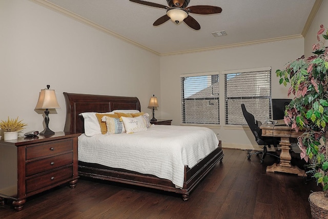 bedroom featuring wood finished floors, a ceiling fan, visible vents, baseboards, and ornamental molding