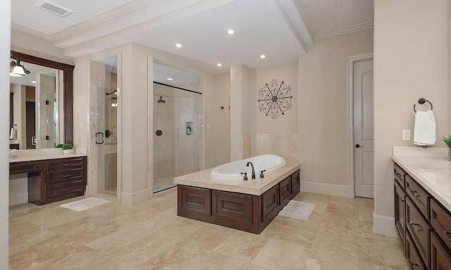 full bathroom with visible vents, ornamental molding, a garden tub, vanity, and a shower stall