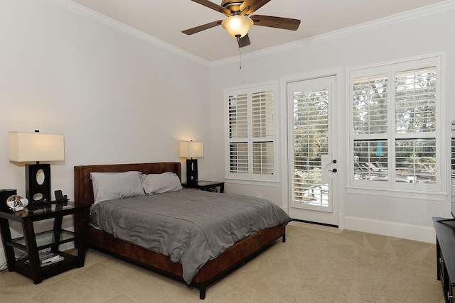 bedroom featuring light carpet, baseboards, a ceiling fan, ornamental molding, and access to outside