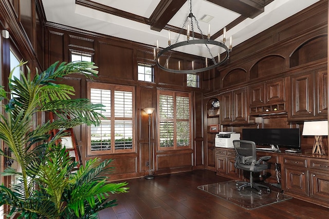 office space with dark wood-style flooring, beam ceiling, built in study area, wooden walls, and a chandelier