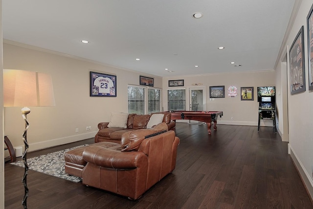 recreation room featuring billiards, baseboards, ornamental molding, dark wood-style flooring, and recessed lighting