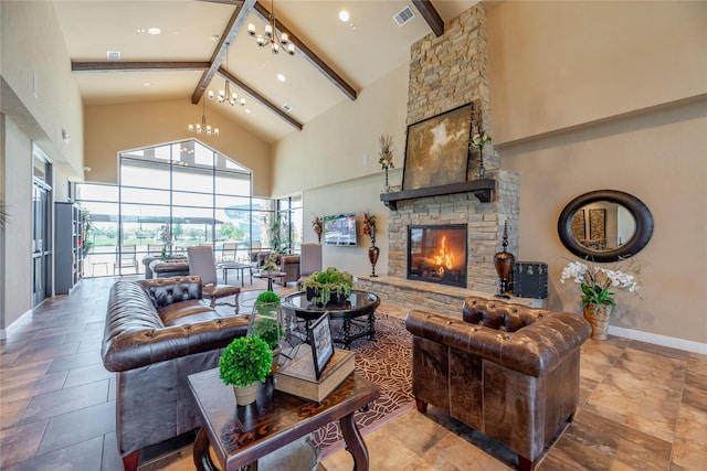 living area with visible vents, a stone fireplace, high vaulted ceiling, beamed ceiling, and baseboards