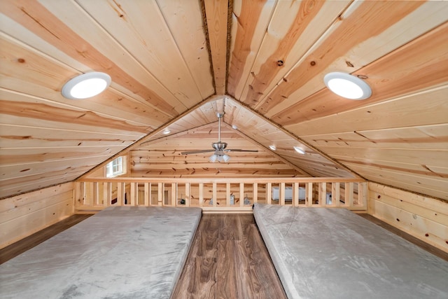 334 County Road 3190, Colmesneil, TX 75938 - bonus room with lofted ceiling, wooden ceiling, wood walls, dark wood finished floors, and ceiling fan