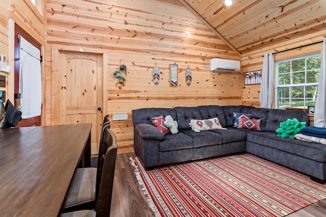 living area featuring a wall unit AC, wood ceiling, wood finished floors, vaulted ceiling, and wood walls