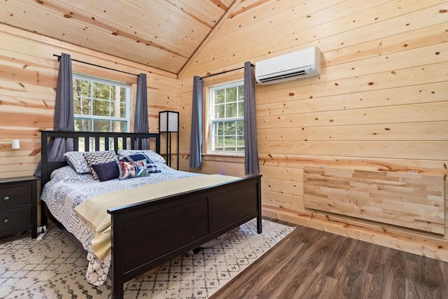 bedroom featuring a wall mounted AC, wood ceiling, vaulted ceiling, wood walls, and wood finished floors