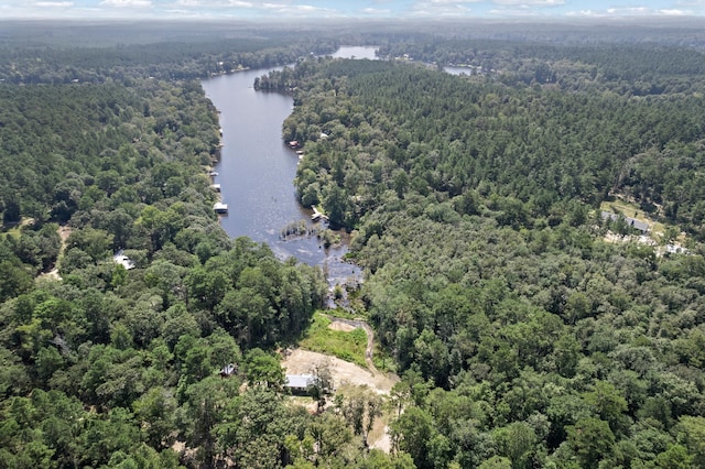 bird's eye view with a water view and a wooded view