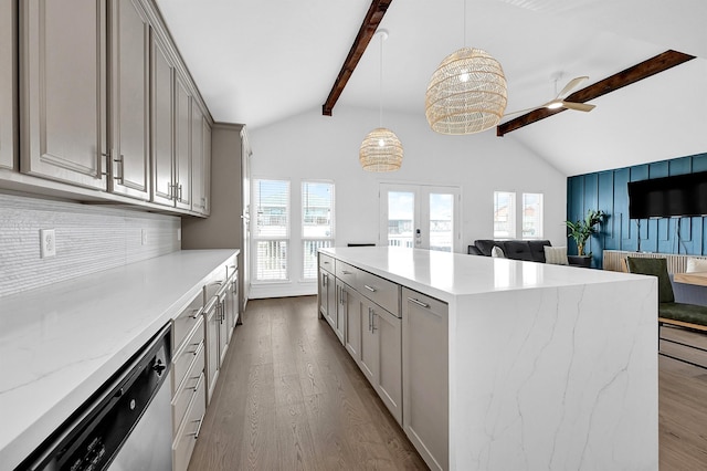 kitchen featuring gray cabinets, dishwasher, french doors, and wood finished floors