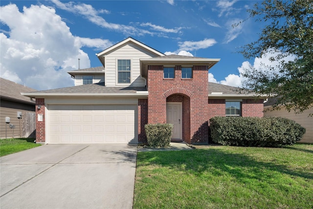 traditional home featuring an attached garage, brick siding, concrete driveway, roof with shingles, and a front lawn