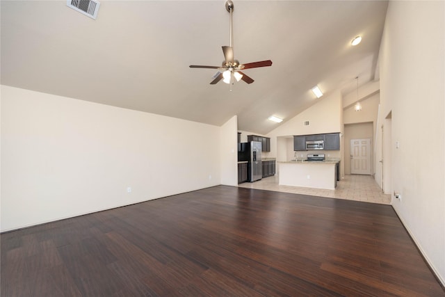 unfurnished living room featuring ceiling fan, high vaulted ceiling, visible vents, and light wood-style floors