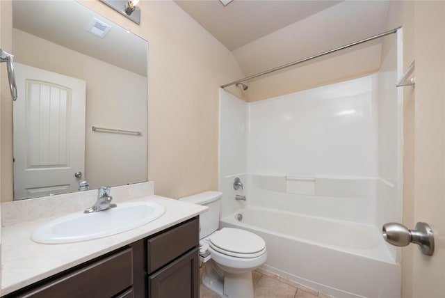 full bathroom with tile patterned flooring, toilet, vanity, bathing tub / shower combination, and visible vents