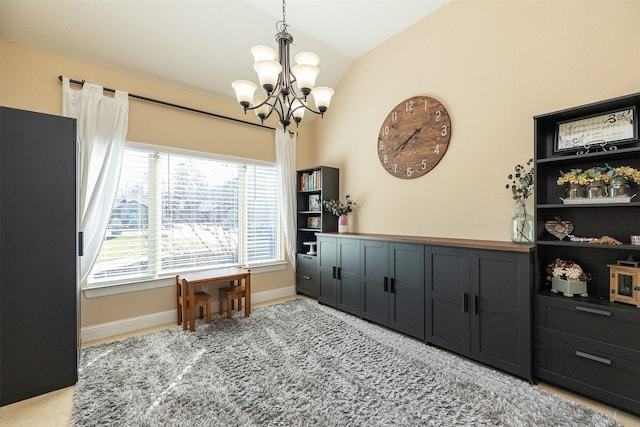 interior space with vaulted ceiling, a chandelier, and baseboards