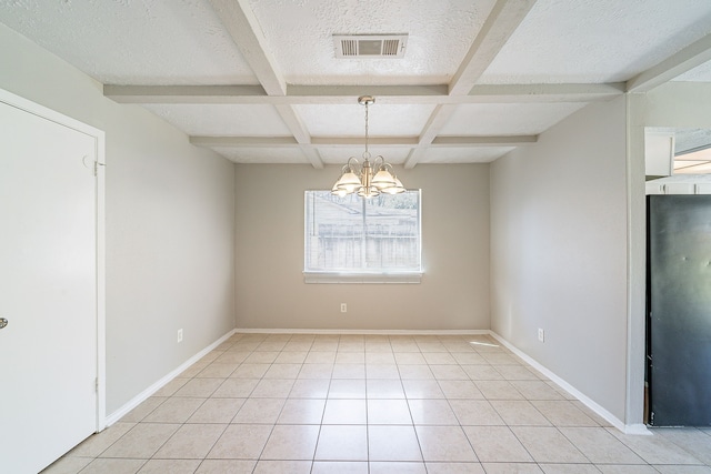 empty room with visible vents, a textured ceiling, coffered ceiling, beamed ceiling, and baseboards