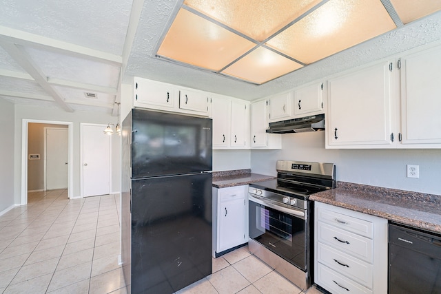 kitchen featuring white cabinets, black appliances, under cabinet range hood, and light tile patterned floors