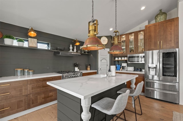 kitchen featuring open shelves, a sink, light wood-style flooring, and stainless steel appliances