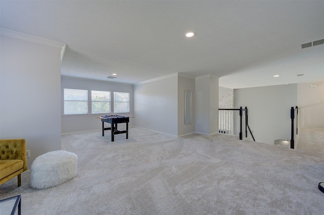 rec room with ornamental molding, carpet flooring, visible vents, and recessed lighting